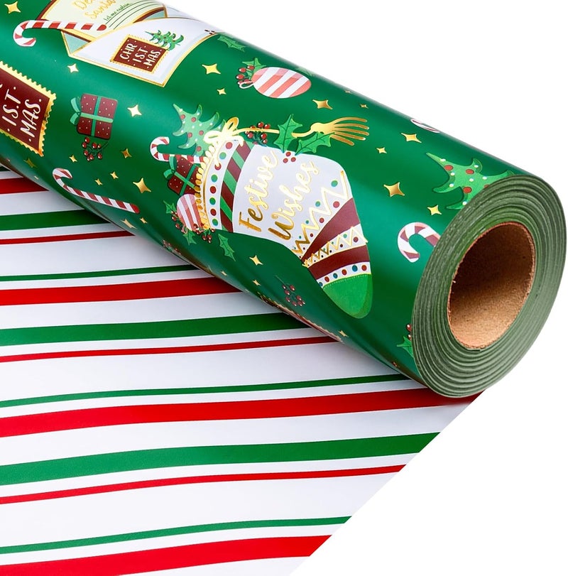 MAYPLUSS Green Christmas Wrapping Paper Roll, Reversible Festive Ornament Wrapping Paper, Metllic Foil Vintage Stocking & Bell Christmas Gift Wrap for Kid Holiday, Celebrations (17 Inch X 33 Feet) - Image 1